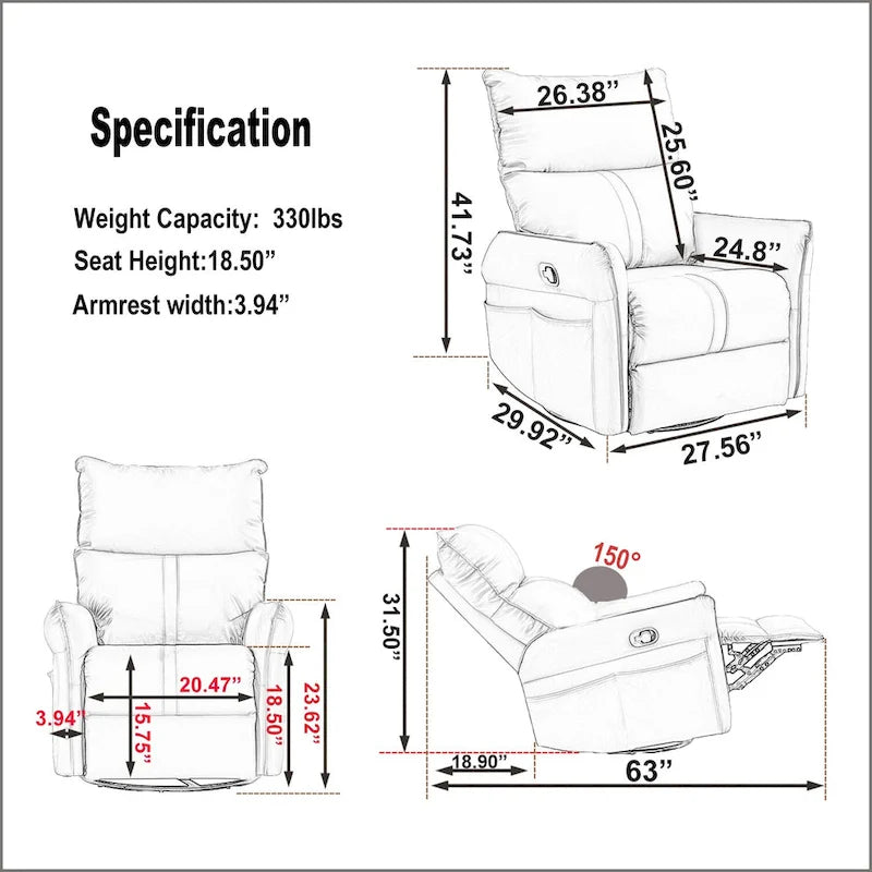 Small Rocking Swivel Recliner Chair with Overstuffed Seat
