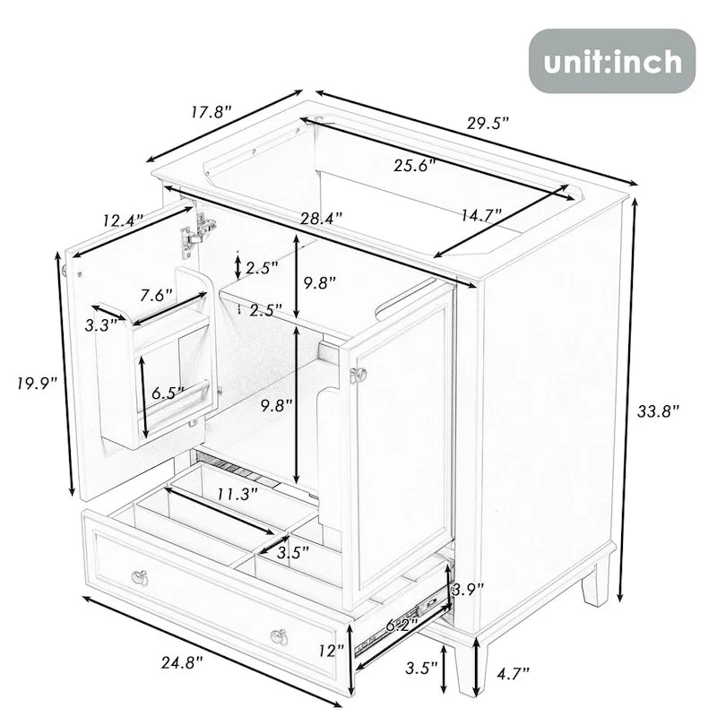 30" Bathroom Vanity Base Cabinet with Doors, Drawers & Adjustable Shelf