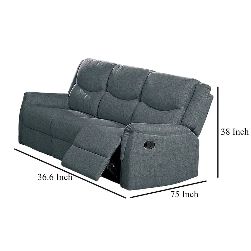 Manual Recliner Sofa, Pillow Arms, 75in, Gray Faux Burlap