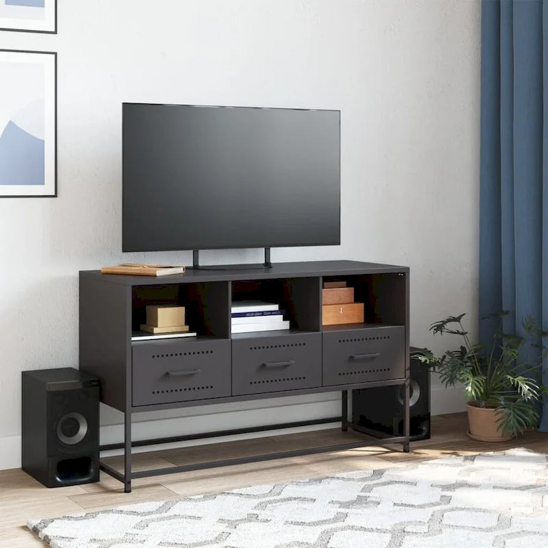 Industrial TV Stand with Drawers and Open Compartments – Steel