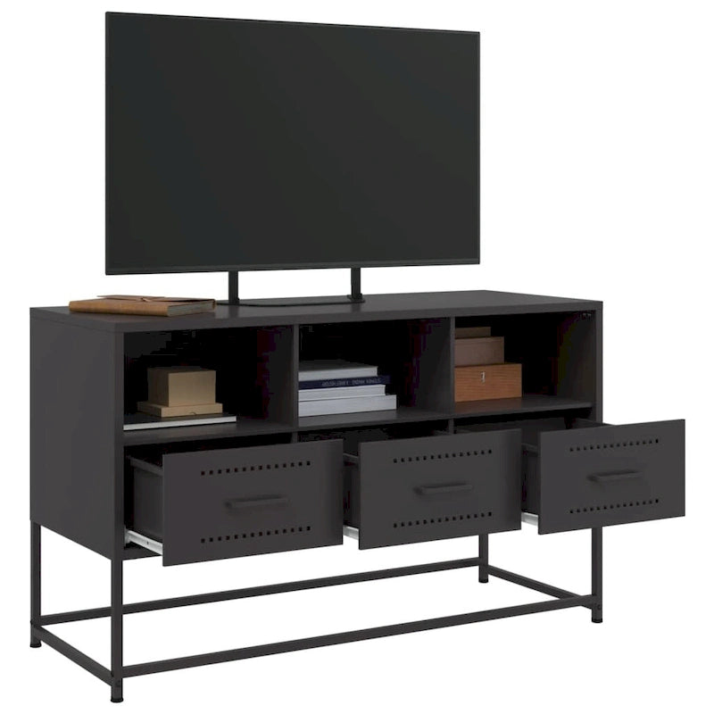 Industrial TV Stand with Drawers and Open Compartments – Steel