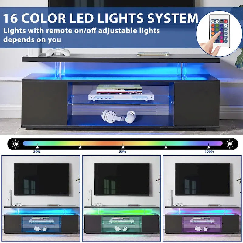 Black 51 TV Stand with LED & Open Storage for 70 TVs
