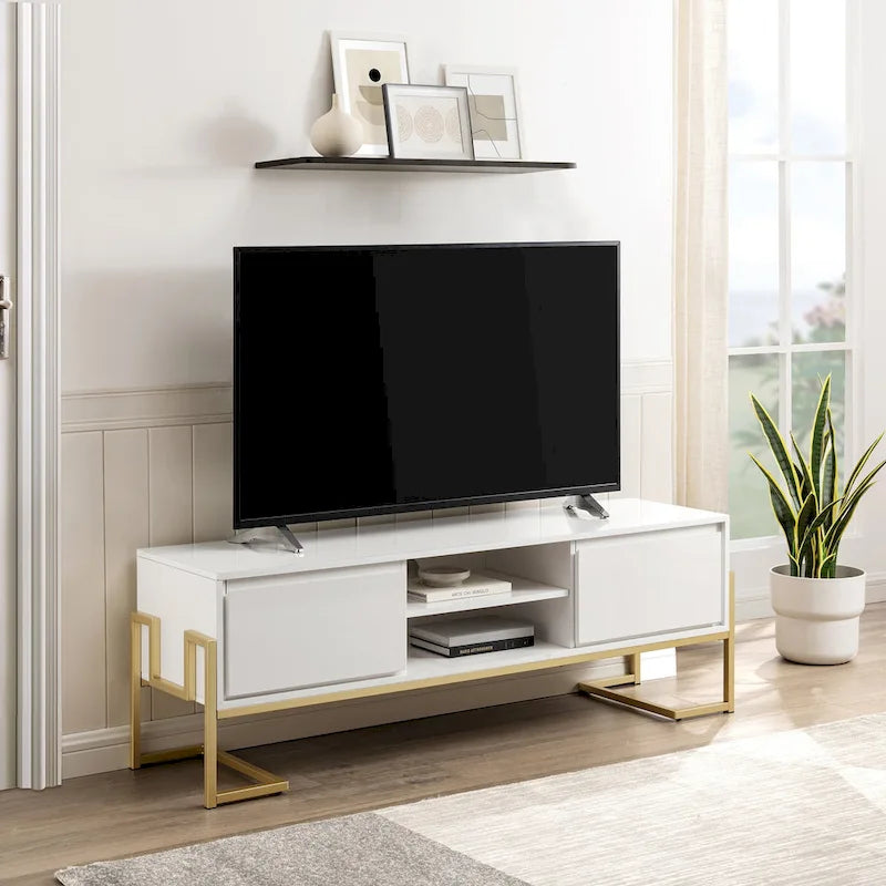 Contemporary Metal-Base 2-Drawer TV Stand
