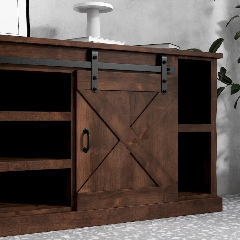 Farmhouse 66 inch Corner TV Stand for TVs up to 80 inches, No Assembly Required, Aged Whiskey Finish