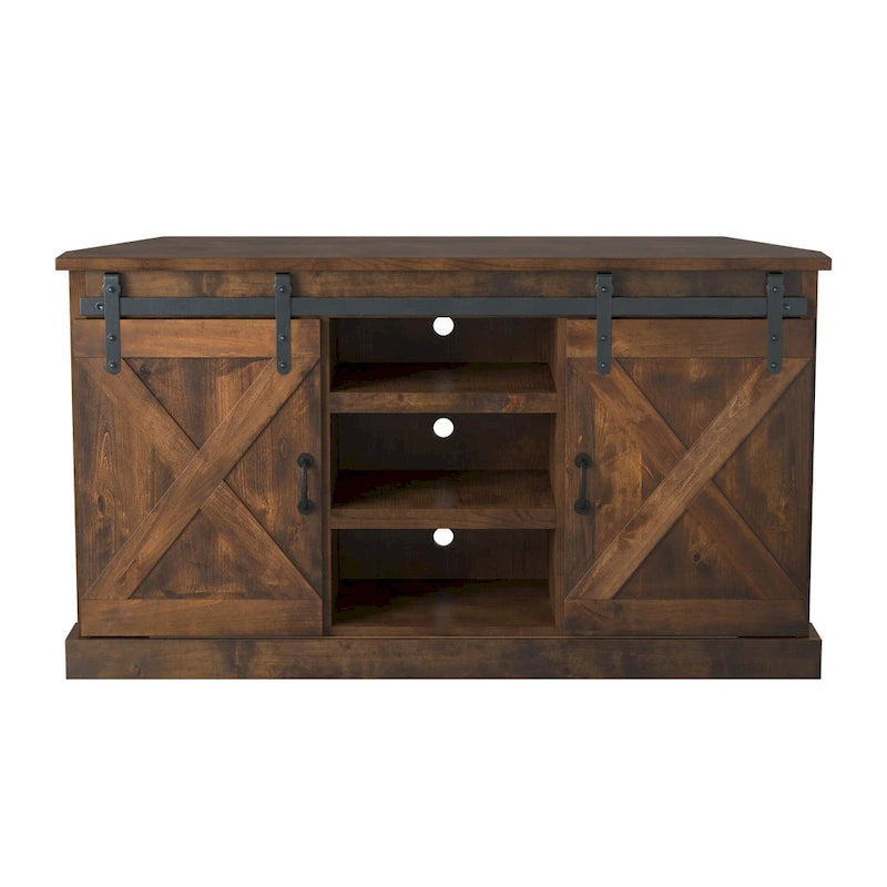 Farmhouse 66 inch Corner TV Stand for TVs up to 80 inches, No Assembly Required, Aged Whiskey Finish