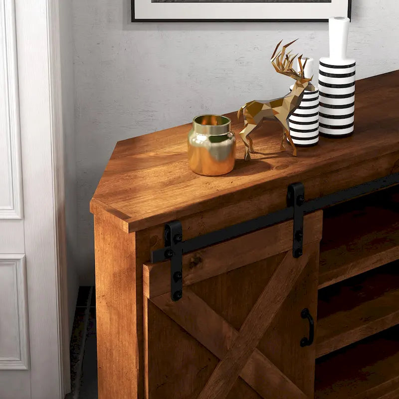 Farmhouse 66 inch Corner TV Stand for TVs up to 80 inches, No Assembly Required, Aged Whiskey Finish