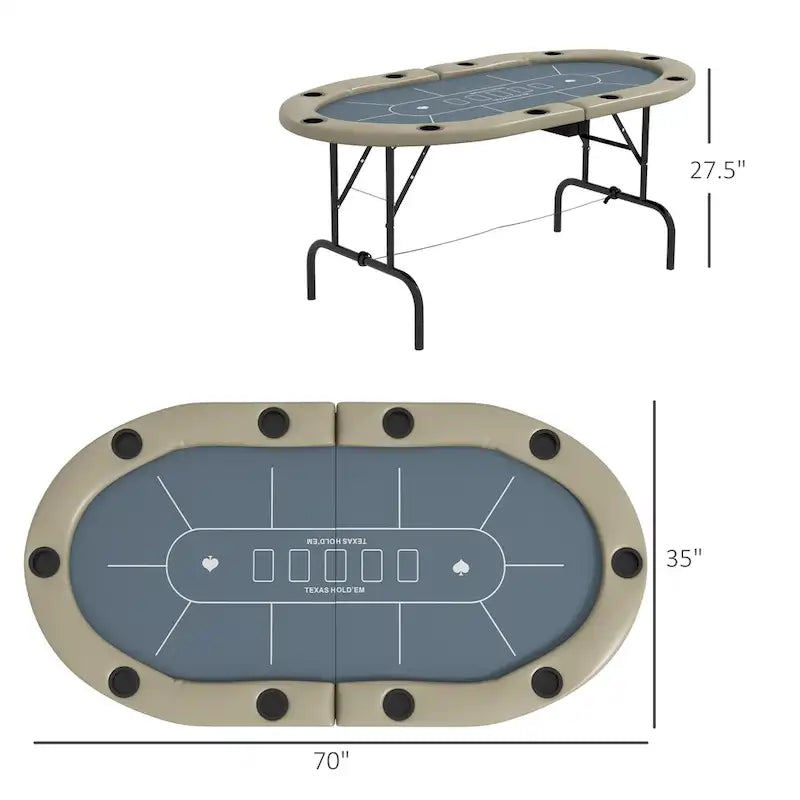 Foldable 70" Oval Poker Game Table for 10 Players