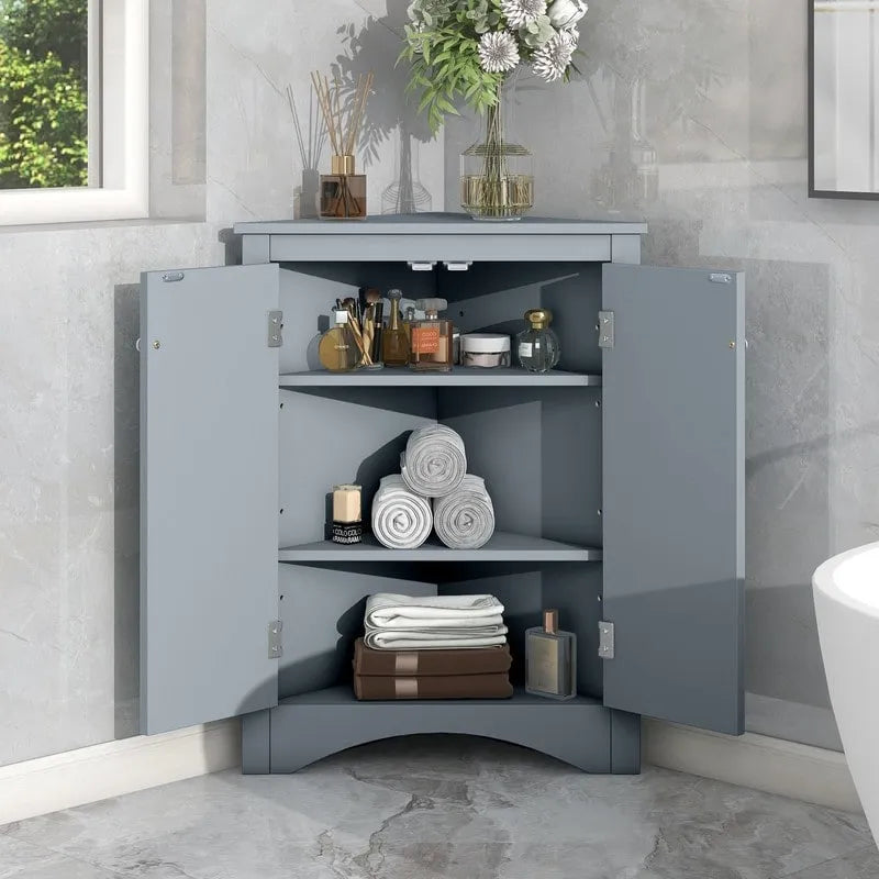 Meuble de rangement d'angle pour salle de bain avec étagères réglables