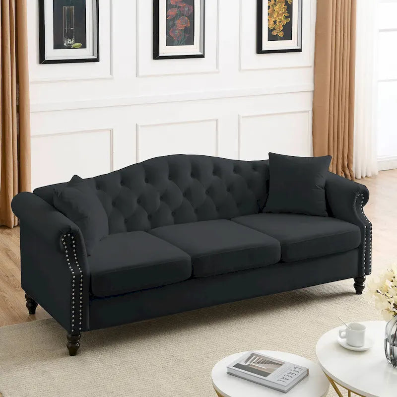 Black Velvet 3-Seater Sofa for Living Room, Tufted Couch with Rolled Arms and Nailhead Trim