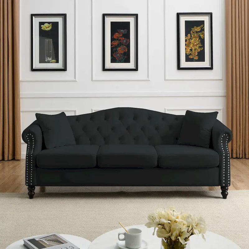Black Velvet 3-Seater Sofa for Living Room, Tufted Couch with Rolled Arms and Nailhead Trim