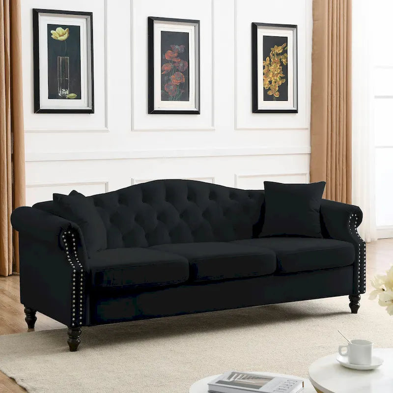 Black Velvet 3-Seater Sofa for Living Room, Tufted Couch with Rolled Arms and Nailhead Trim