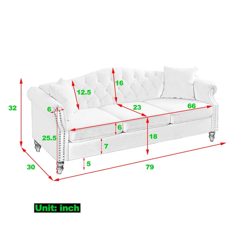 Black Velvet 3-Seater Sofa for Living Room, Tufted Couch with Rolled Arms and Nailhead Trim