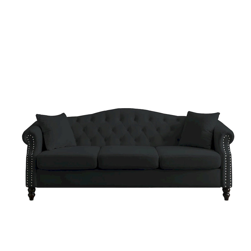 Black Velvet 3-Seater Sofa for Living Room, Tufted Couch with Rolled Arms and Nailhead Trim