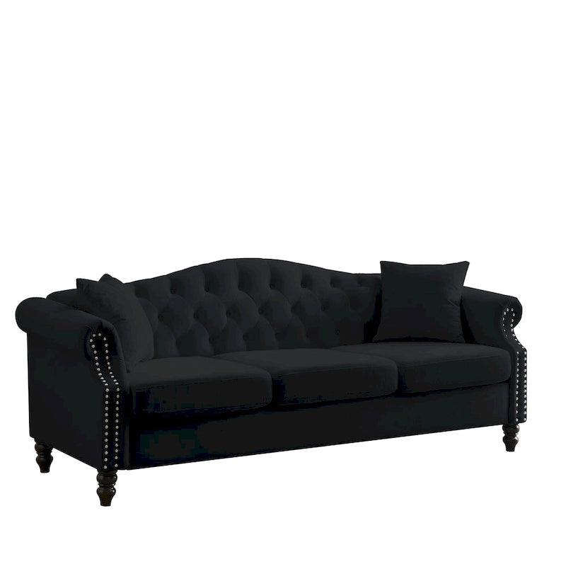 Black Velvet 3-Seater Sofa for Living Room, Tufted Couch with Rolled Arms and Nailhead Trim