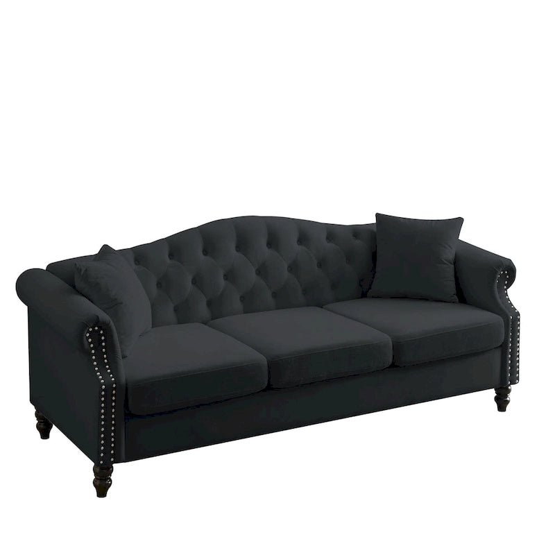 Black Velvet 3-Seater Sofa for Living Room, Tufted Couch with Rolled Arms and Nailhead Trim