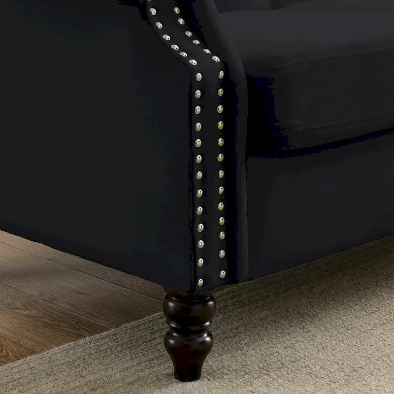 Black Velvet 3-Seater Sofa for Living Room, Tufted Couch with Rolled Arms and Nailhead Trim