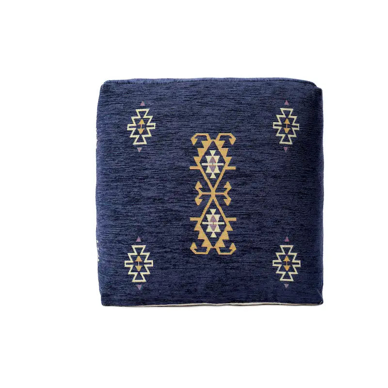 Navy/Mustard Traditional Damask Polyester Blend Pouf