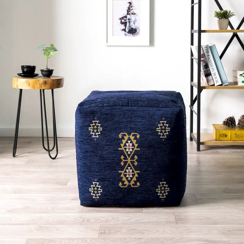 Navy/Mustard Traditional Damask Polyester Blend Pouf