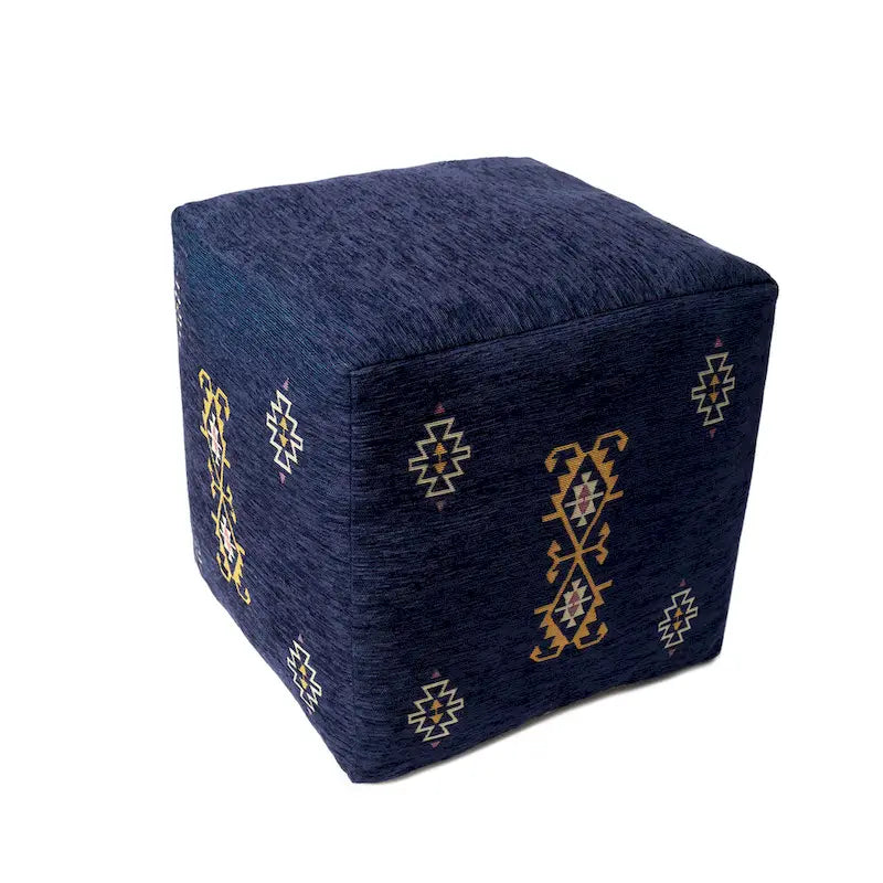 Navy/Mustard Traditional Damask Polyester Blend Pouf