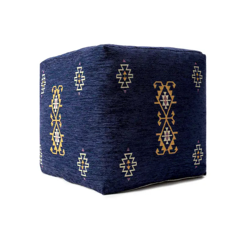 Navy/Mustard Traditional Damask Polyester Blend Pouf