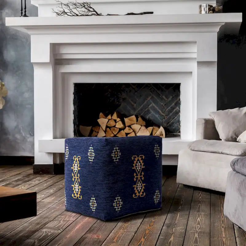 Navy/Mustard Traditional Damask Polyester Blend Pouf