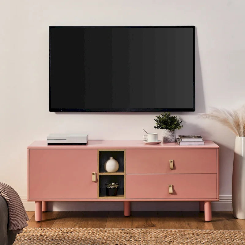 Meuble TV avec porte, tiroir et rangement en bois — Poignée en cuir