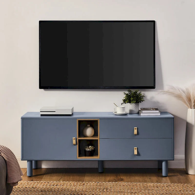 TV Cabinet with Door, Drawer & Wooden Storage — Leather Handle