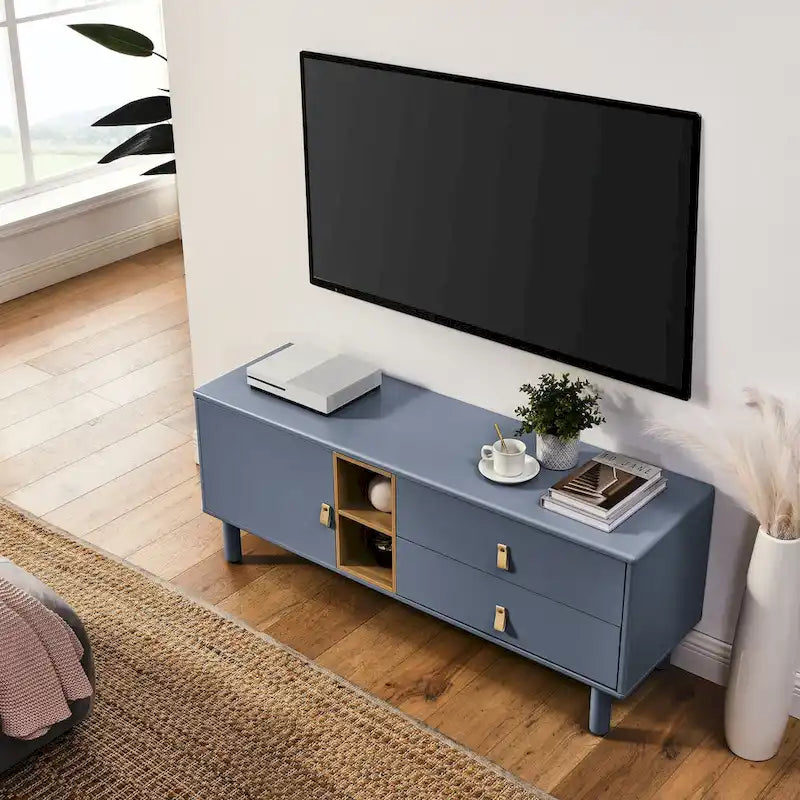 TV Cabinet with Door, Drawer & Wooden Storage — Leather Handle