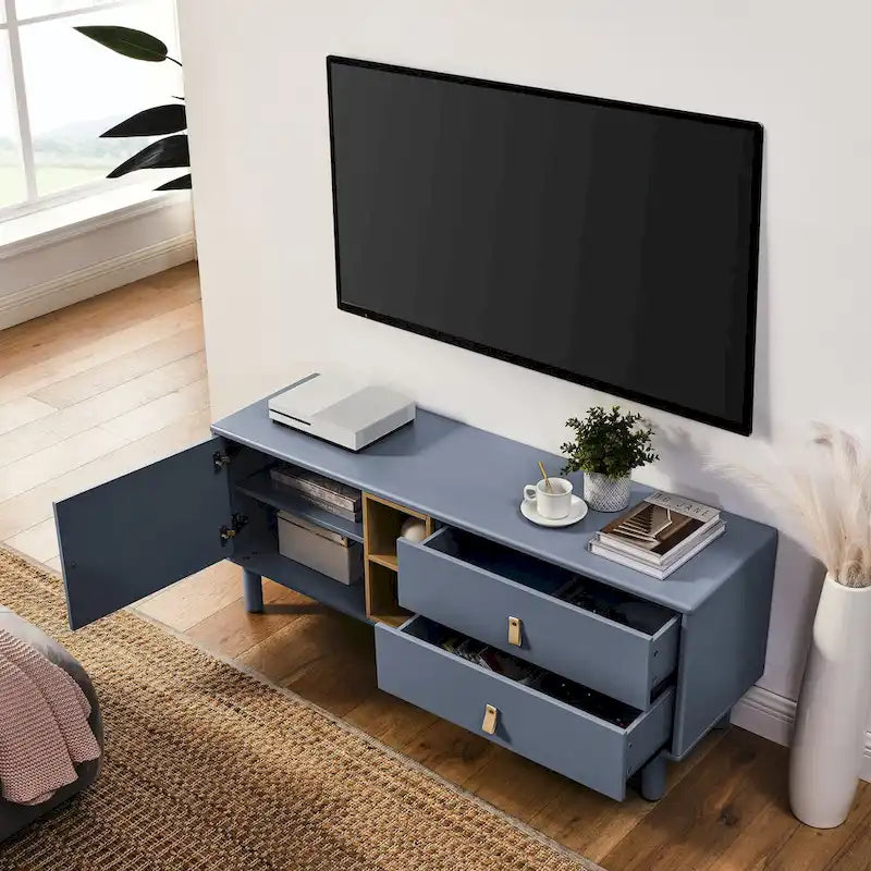 TV Cabinet with Door, Drawer & Wooden Storage — Leather Handle