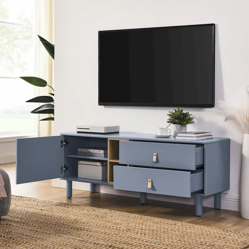 TV Cabinet with Door, Drawer & Wooden Storage — Leather Handle
