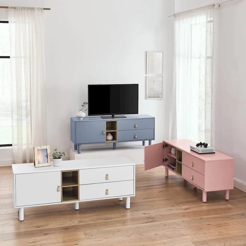 TV Cabinet with Door, Drawer & Wooden Storage — Leather Handle