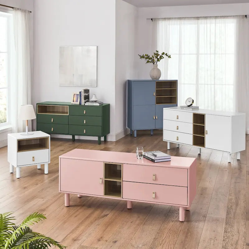 TV Cabinet with Door, Drawer & Wooden Storage — Leather Handle
