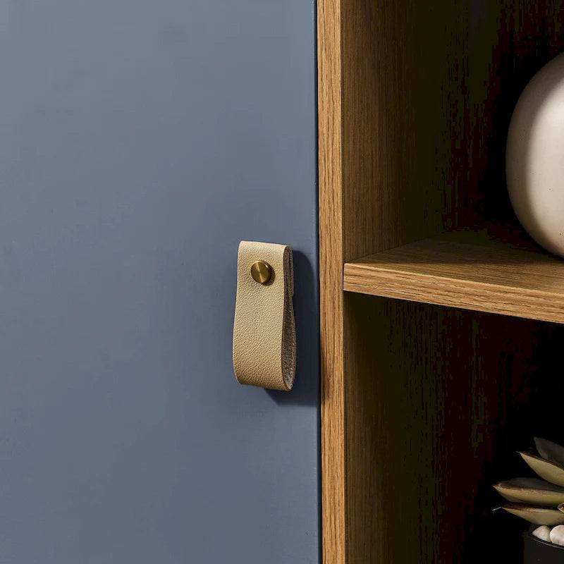 TV Cabinet with Door, Drawer & Wooden Storage — Leather Handle