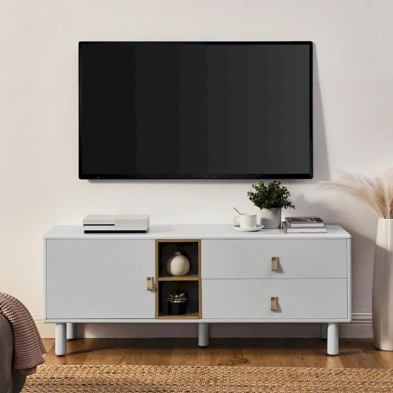 TV Cabinet with Door, Drawer & Wooden Storage — Leather Handle