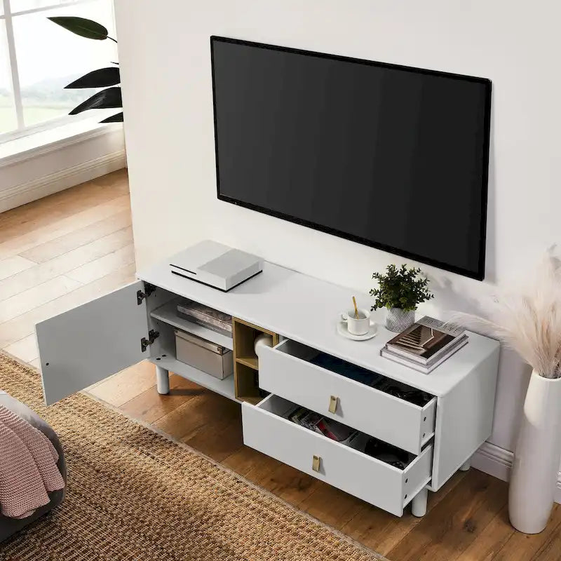 TV Cabinet with Door, Drawer & Wooden Storage — Leather Handle