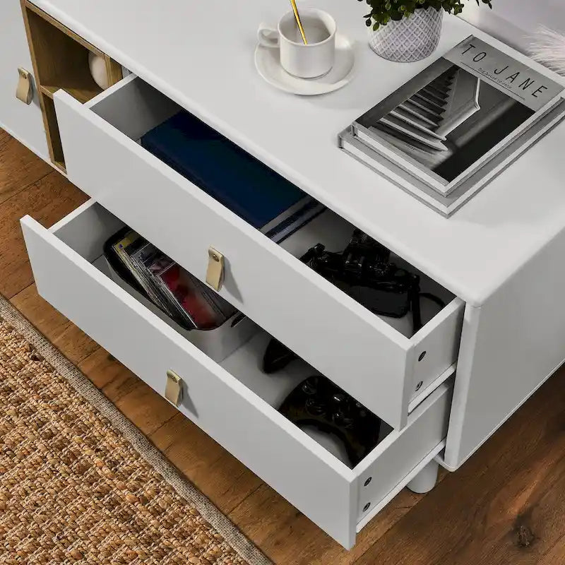 TV Cabinet with Door, Drawer & Wooden Storage — Leather Handle