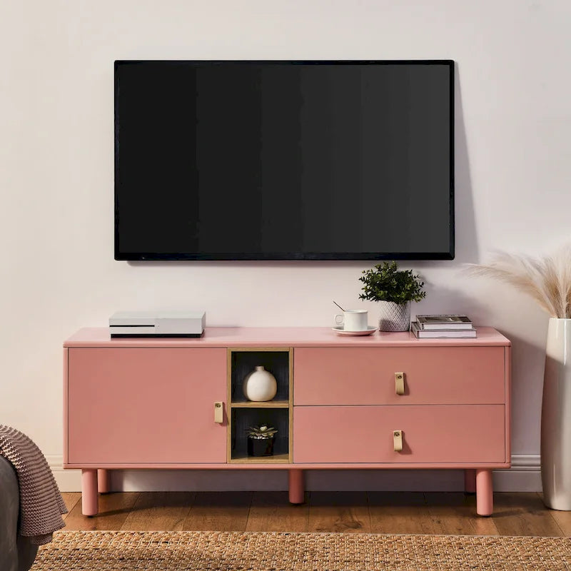 TV Cabinet with Door, Drawer & Wooden Storage — Leather Handle