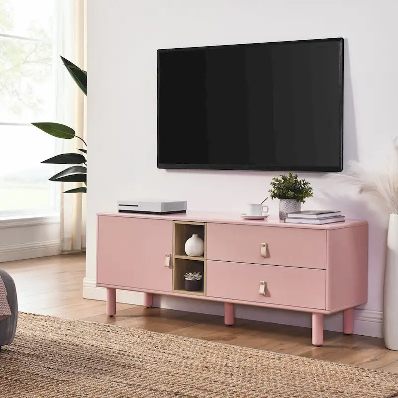 TV Cabinet with Door, Drawer & Wooden Storage — Leather Handle