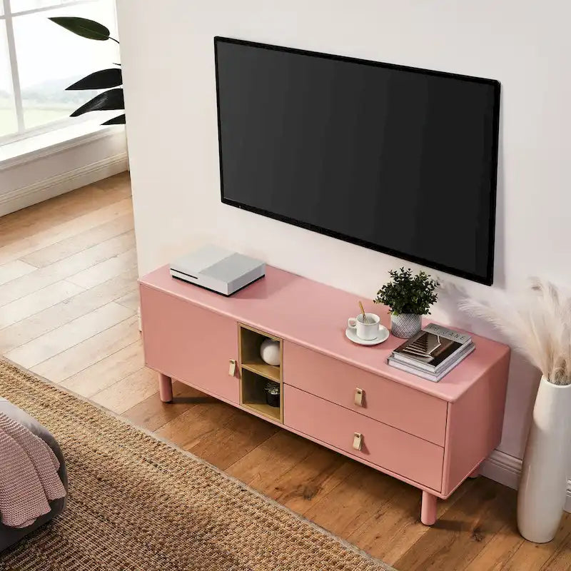 TV Cabinet with Door, Drawer & Wooden Storage — Leather Handle