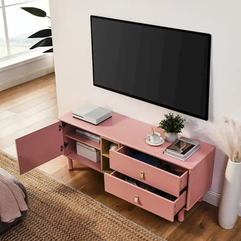 TV Cabinet with Door, Drawer & Wooden Storage — Leather Handle