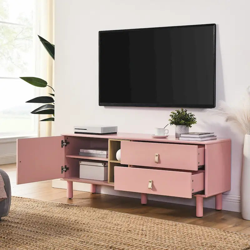TV Cabinet with Door, Drawer & Wooden Storage — Leather Handle