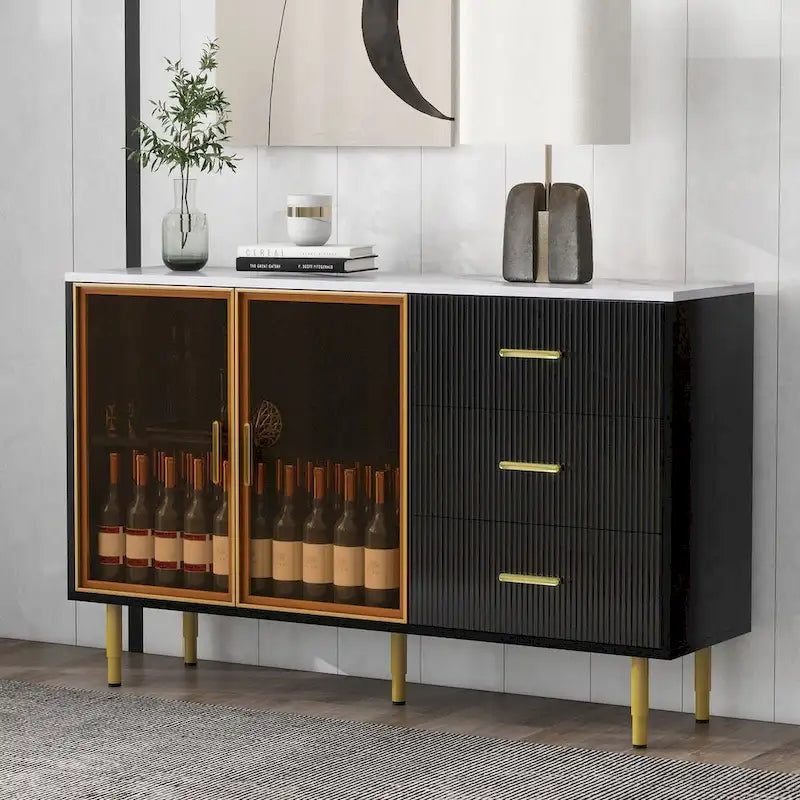 Modern Sideboard Buffet Cabinet with Glass Doors & Drawers
