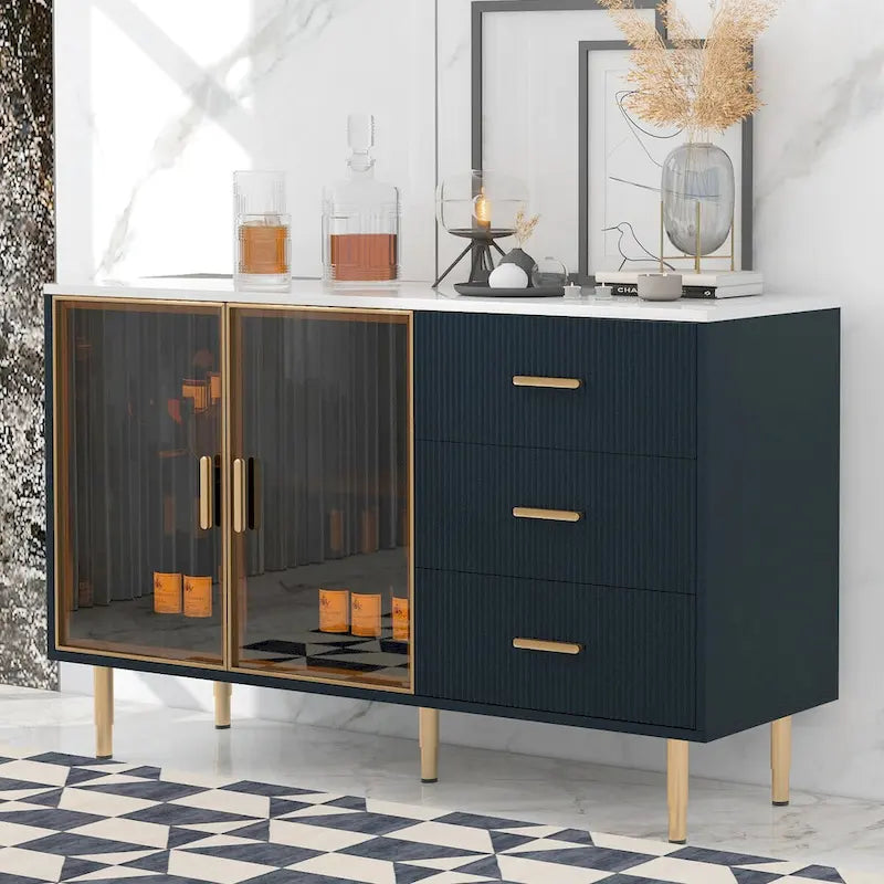 Modern Sideboard Buffet Cabinet with Glass Doors & Drawers
