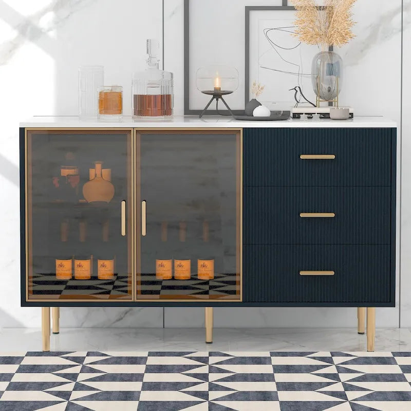 Modern Sideboard Buffet Cabinet with Glass Doors & Drawers