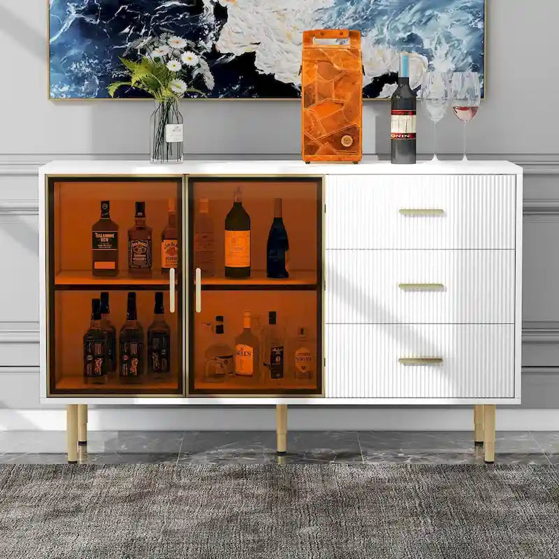 Modern Sideboard Buffet Cabinet with Glass Doors & Drawers