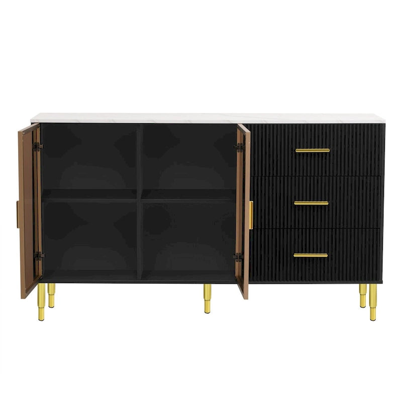 Modern Sideboard Buffet Cabinet with Glass Doors & Drawers