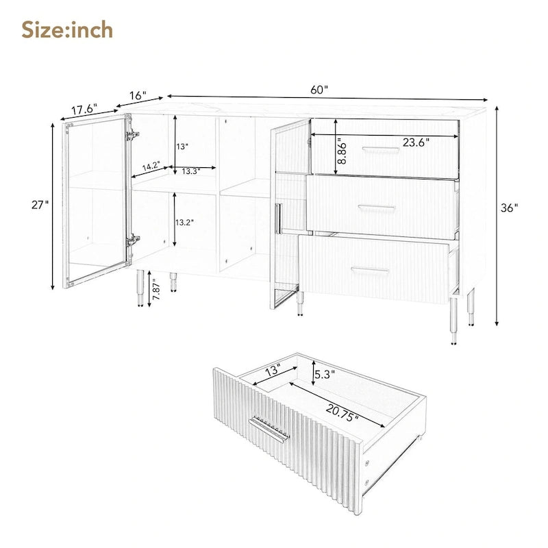 Modern Sideboard Buffet Cabinet with Glass Doors & Drawers