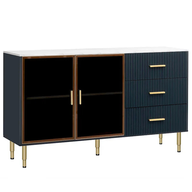 Modern Sideboard Buffet Cabinet with Glass Doors & Drawers