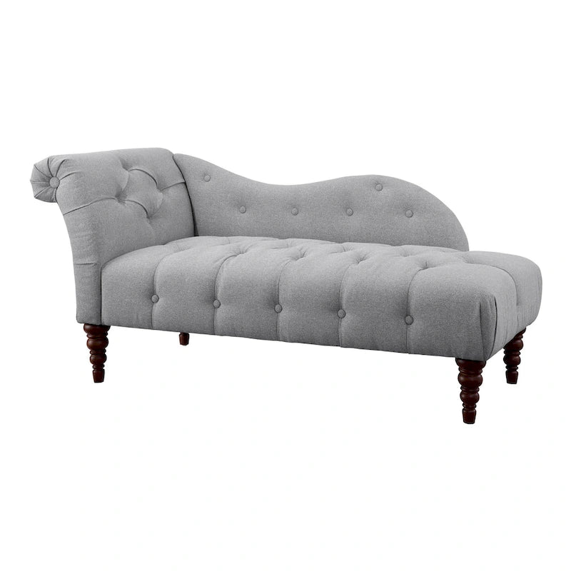66 Inch Chaise Lounger, Tufted Gray Polyester, Brown Solid Wood