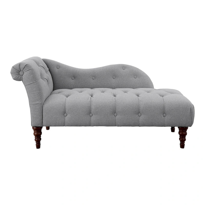 66 Inch Chaise Lounger, Tufted Gray Polyester, Brown Solid Wood